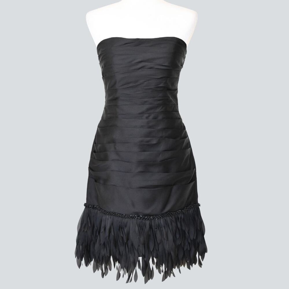JS Collection Black Strapless Ruched Gown with Feathers & Beaded Fringe Size 4